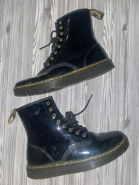 Dr. Martens Black Patent Boots with Yellow Stitching
